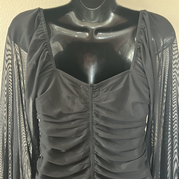 Princess Polly Everly Black Sheer Balloon Sleeve Ruched Cowl Neck Mini Dress - Picture 8 of 11